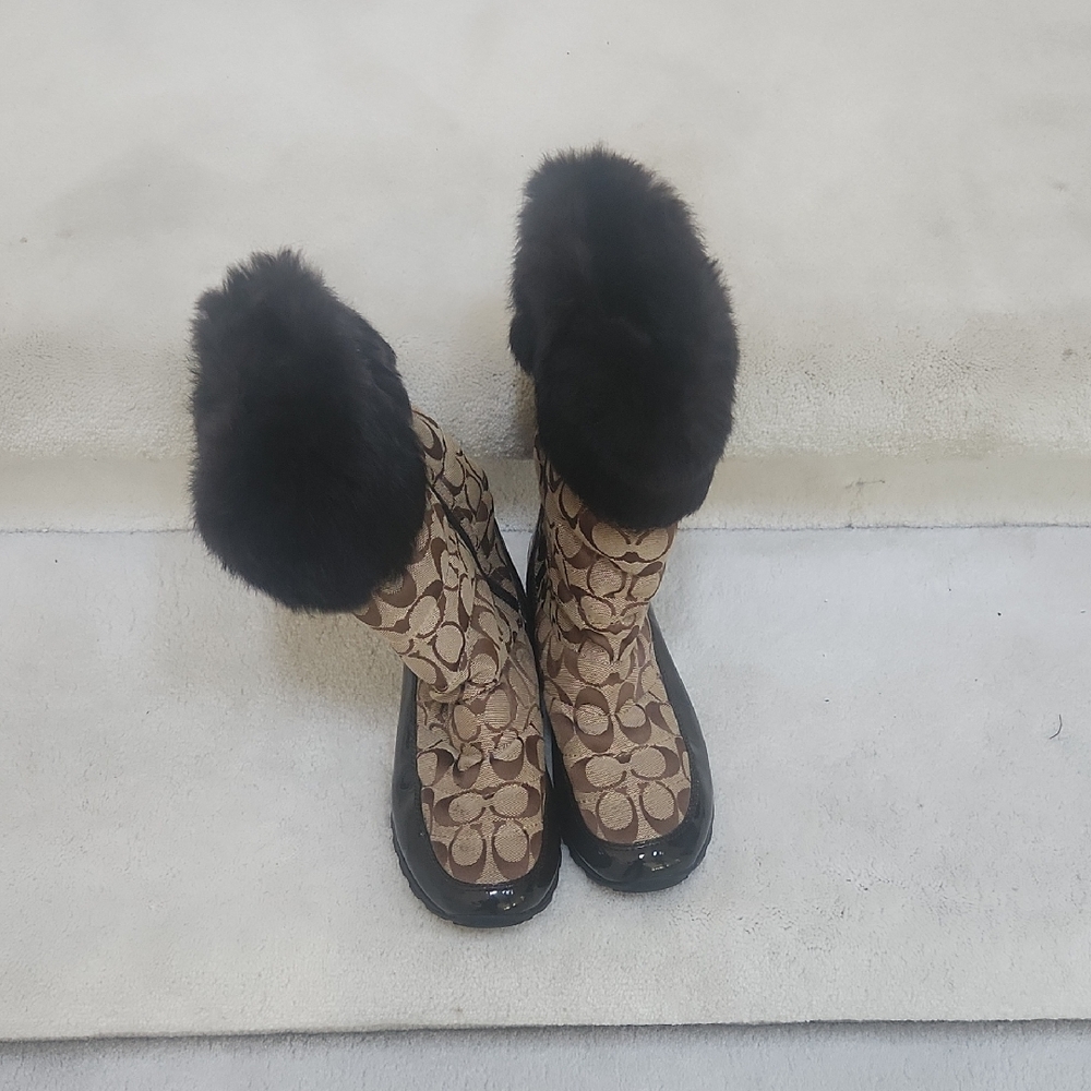 Coach Tan and Black Patterned Fur Boots